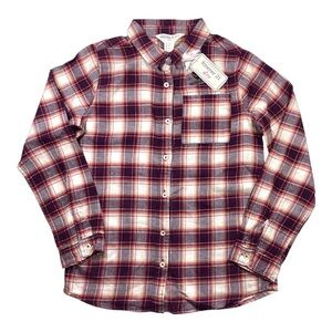 NWT Forever 21 Woven LS Plaid Button Down Shirt - cream/burgundy, Size 9/10